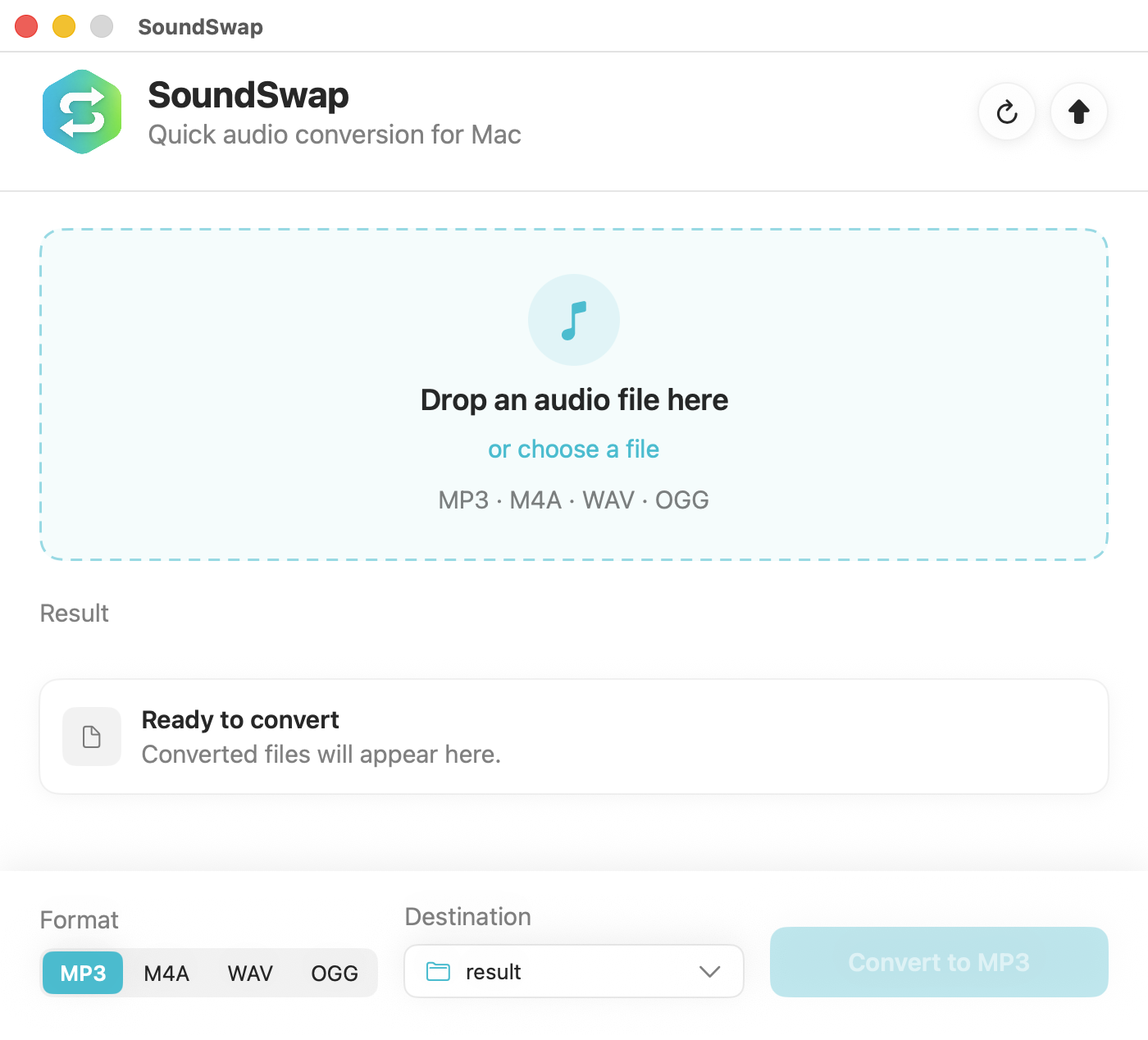 SoundSwap main window with a single audio file ready to convert