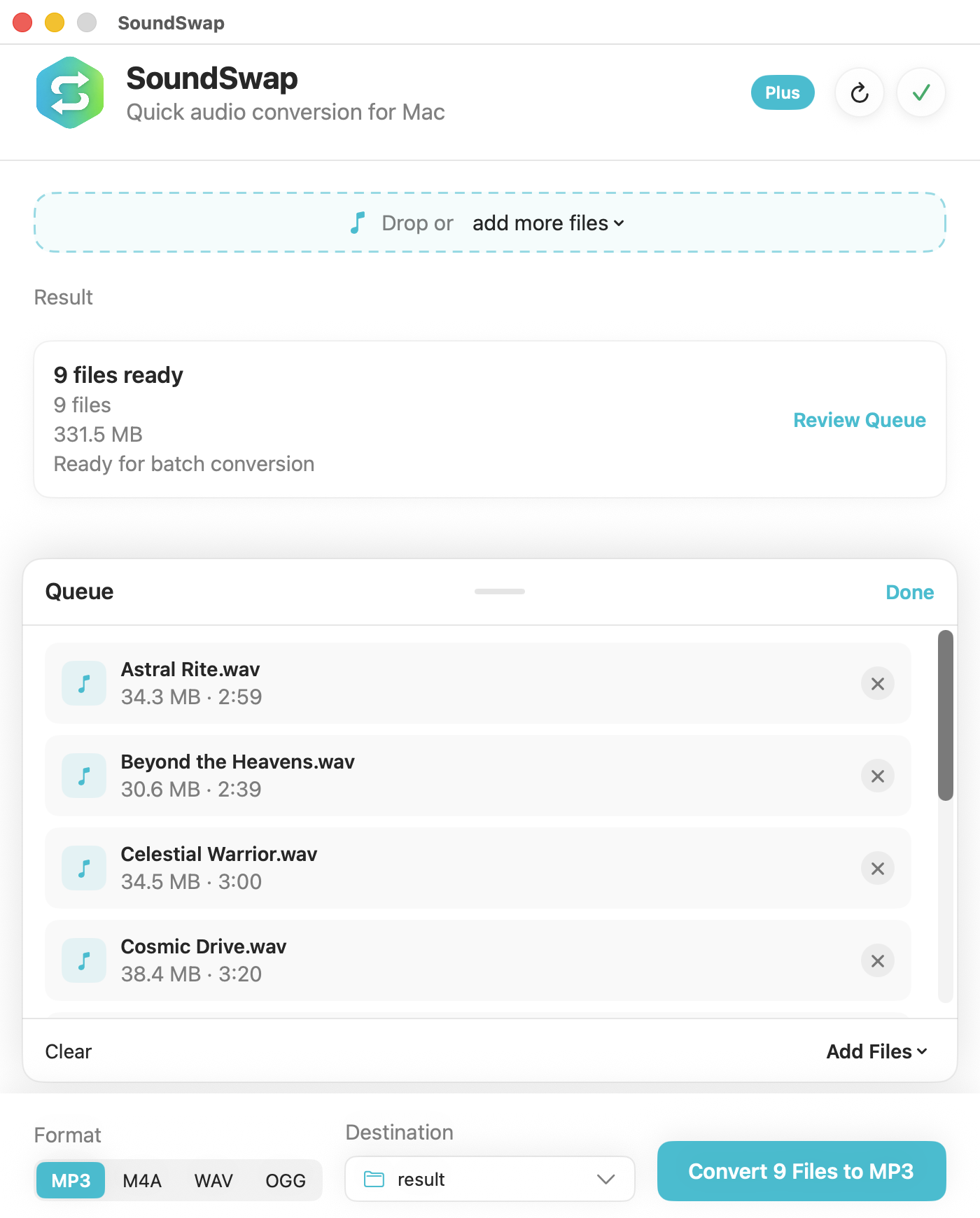 SoundSwap Plus batch queue with multiple audio files