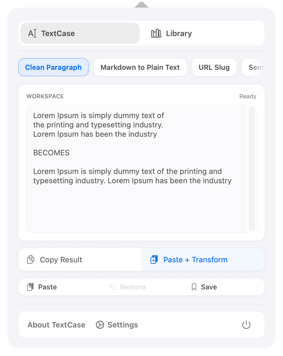 TextCase transform workspace with shortcuts and text tools